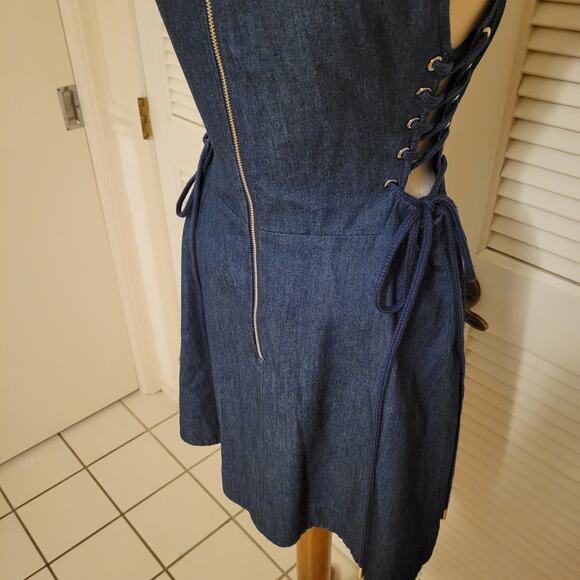 Deep V-Neck Corset Tie Cotton Denim Mini Dress Intermix Size S - Picture 6 of 8